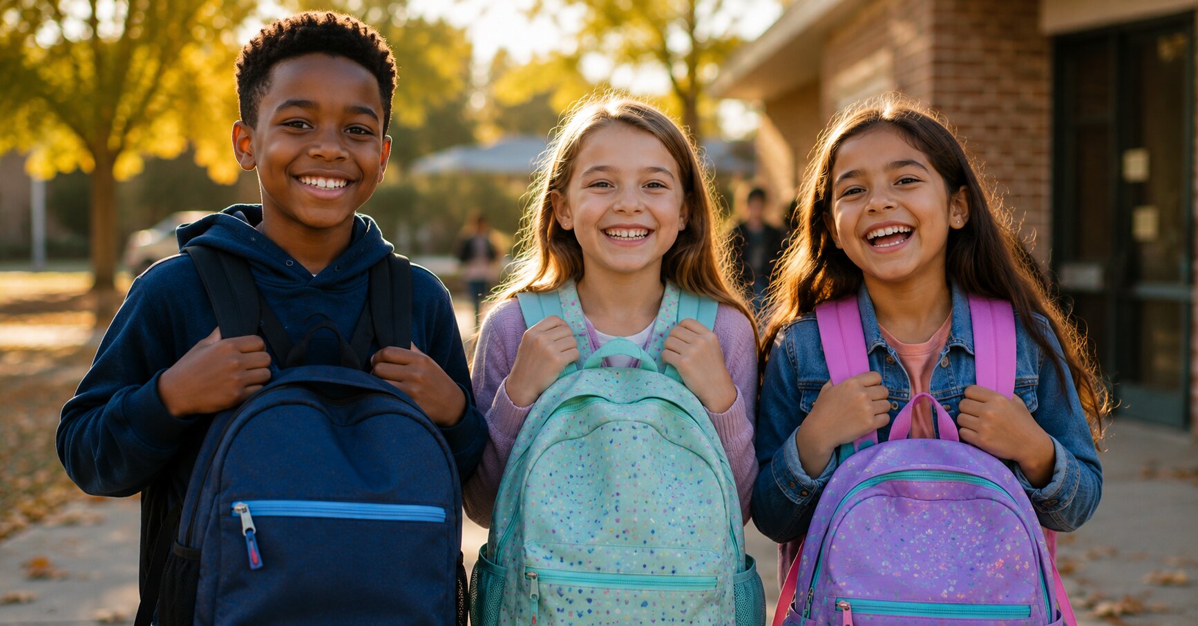 Kids smiling with new backpacks funded by donations